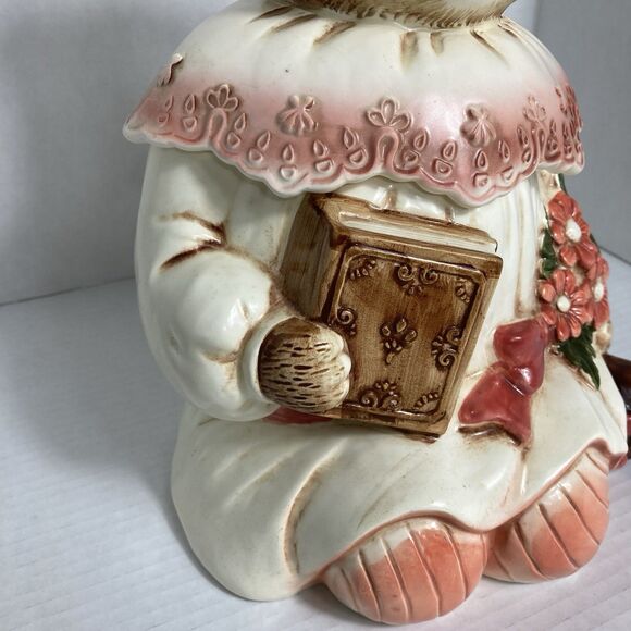 Vintage Ceramic Cookie Jar Kitty Cat in Dress Book Flowers Beautiful Eyes Japan - Picture 3 of 12